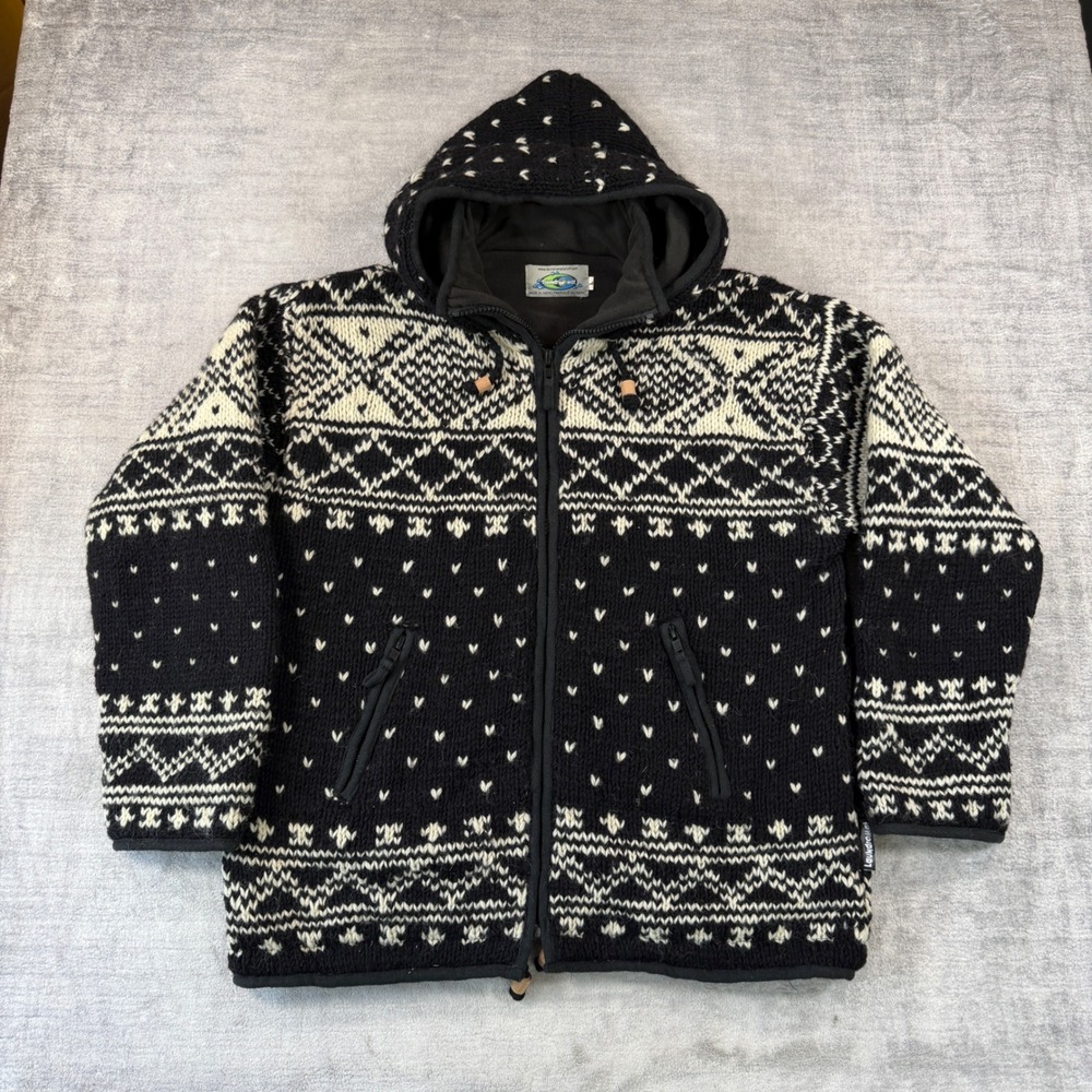 Laundromat Jacket Women Large Black Wool Hooded Fair Isle Fleece Lined Nepal